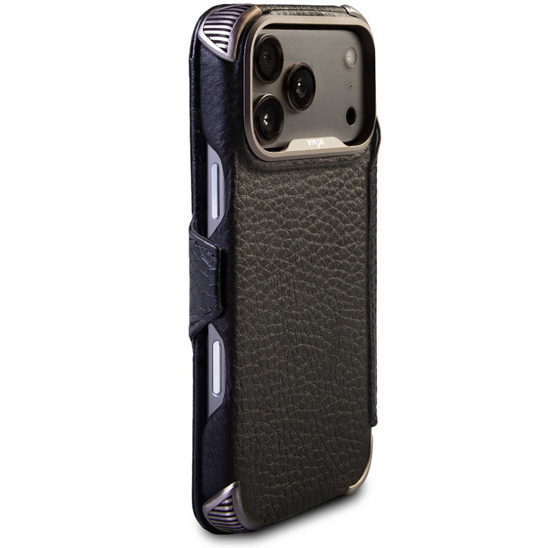 Custom Buckler Wallet leather case for iPhone 18 Pro and iPhone 18 Pro Max with built-in card slots and steel corners, made to order by Vaja