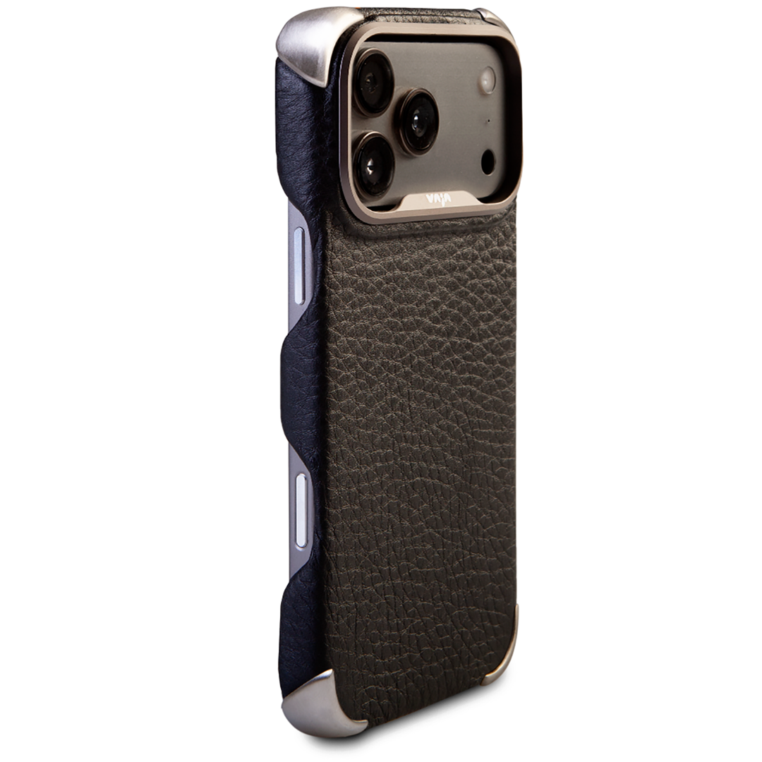 Custom Buckler Grip leather case for iPhone 18 Pro and iPhone 18 Pro Max with 316 stainless steel corner shields, made to order by Vaja