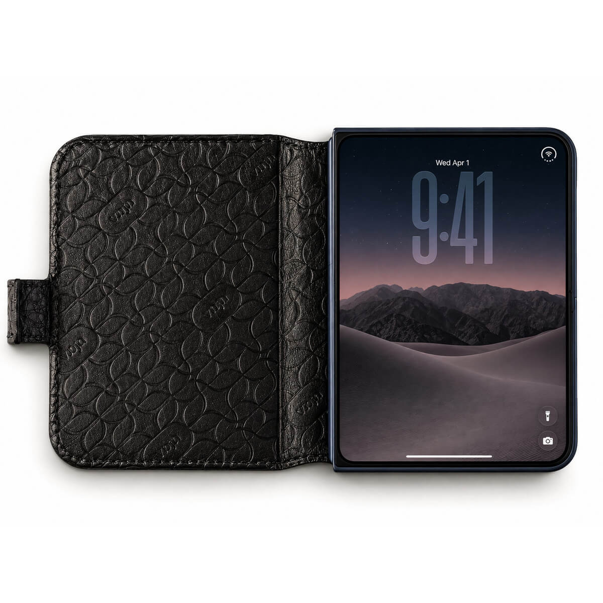 Leather Folio Wrap with Aramid Shell for iPhone Duo in Floater Black, open - Vaja