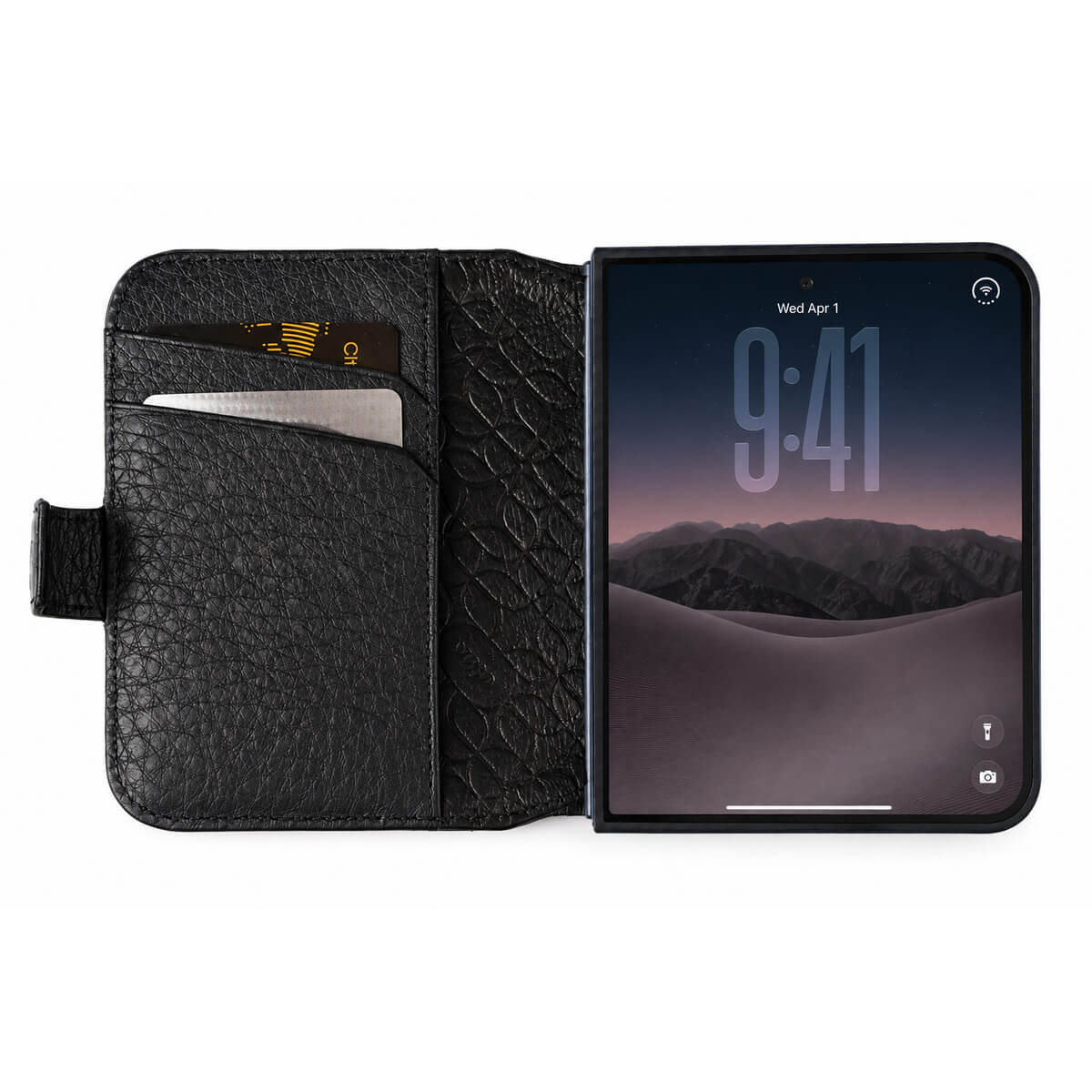 Leather Wallet Wrap with Aramid Shell for iPhone Duo in Floater Black, closed - Vaja
