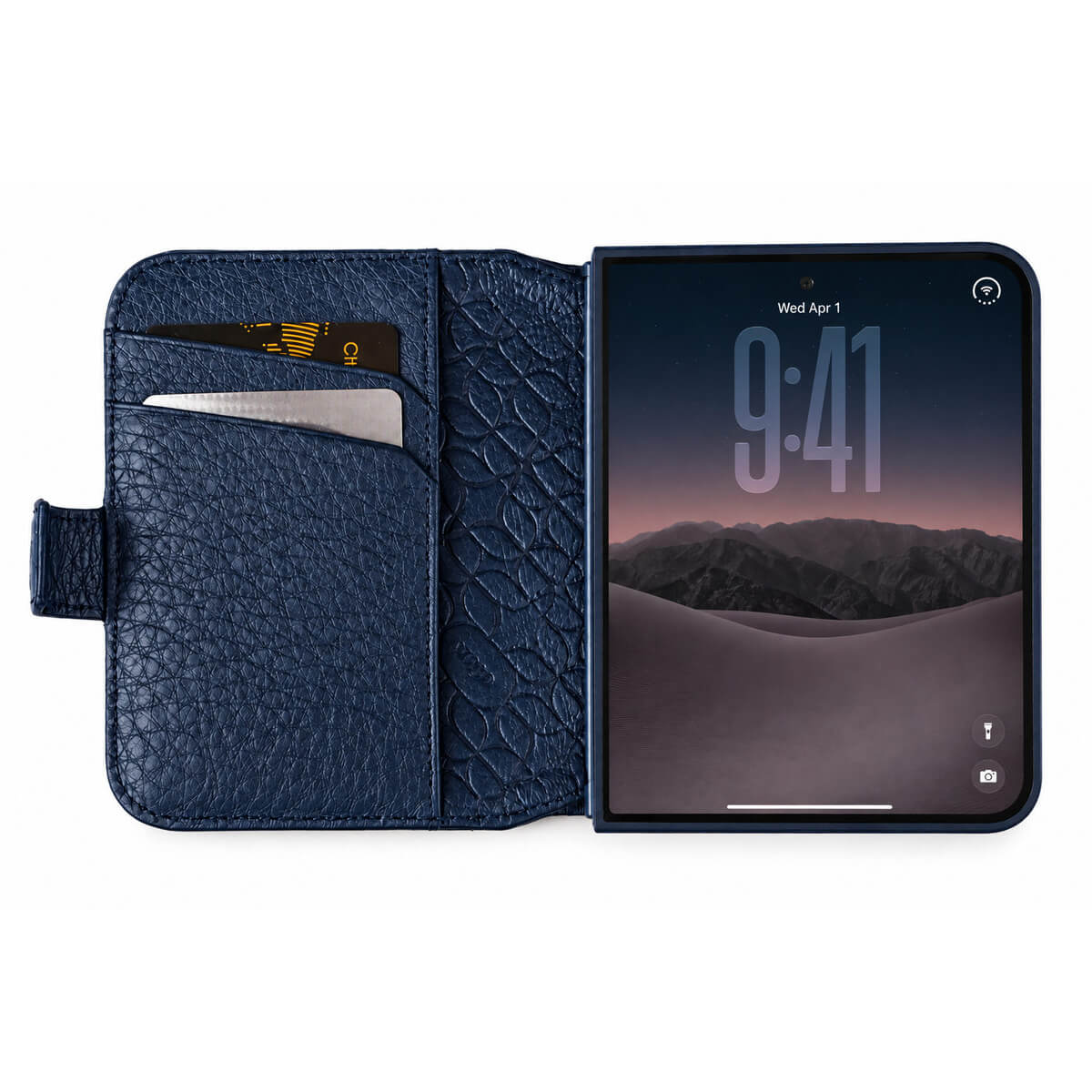 Leather Wallet Wrap with Aramid Shell for iPhone Duo in Floater Indigo, open with card slots - Vaja