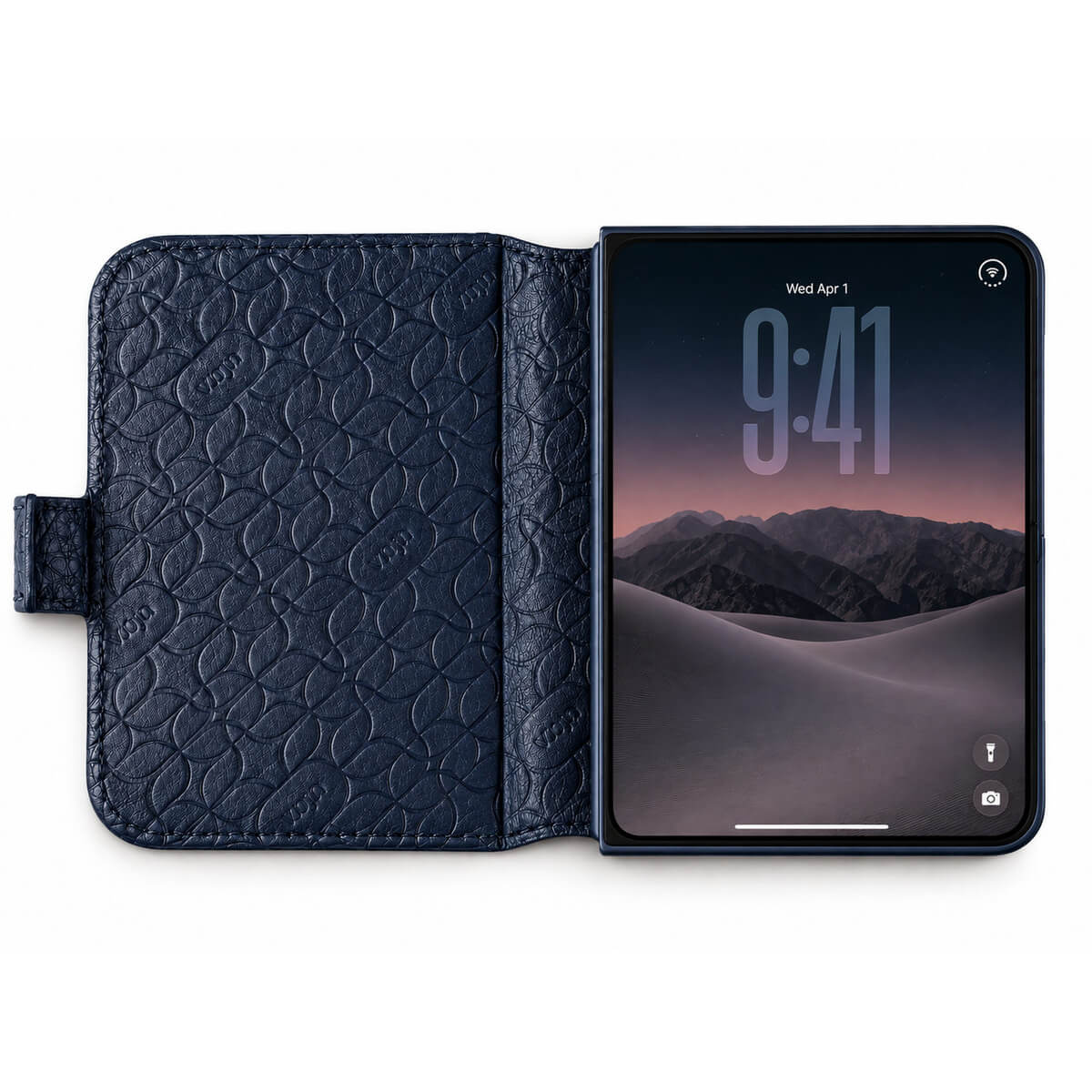 Leather Folio Wrap with Aramid Shell for iPhone Duo in Floater Indigo, open - Vaja
