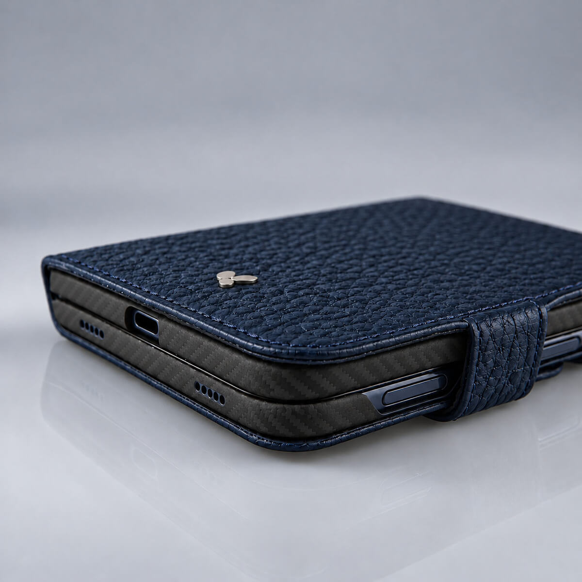 Leather Folio Wrap with Aramid Shell for iPhone Duo in Floater Indigo, perspective - Vaja