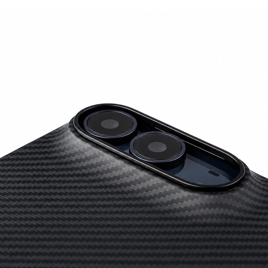 Anodized aluminum camera ring on the Aramid Shell for iPhone Duo, raised 1 mm above the lenses