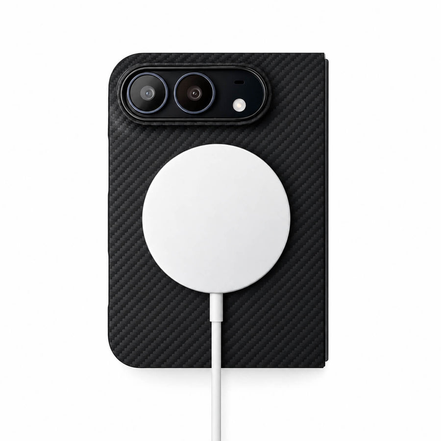 Aramid Shell on iPhone Duo charging on a MagSafe charger with the leather wrap removed