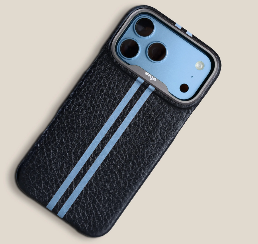 Custom Vaja Grip leather case for iPhone 18 Pro, black with light blue accents, seen from above