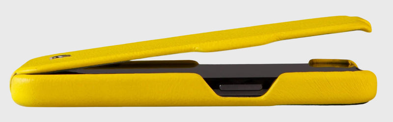 A bright yellow textured leather phone case shown in a side profile view, partially open to reveal a black phone inside, set against a plain light gray background.