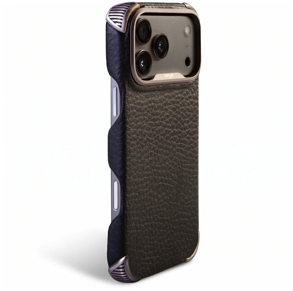 iPhone 18 Pro & iPhone 18 Pro Max Buckler Grip Leather Case with MagSafe, striped 316 stainless steel corner shields - Vaja
