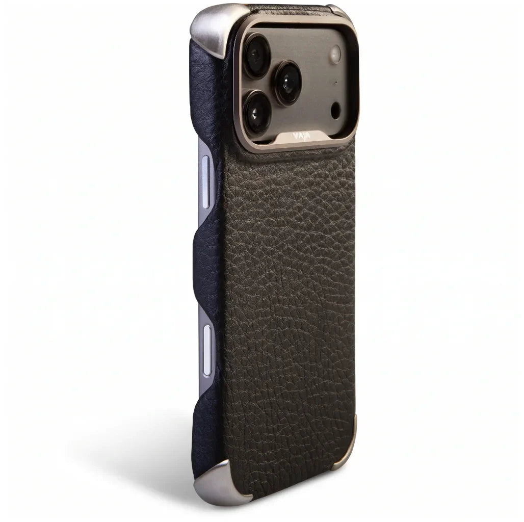 iPhone 18 Pro & iPhone 18 Pro Max Buckler Grip Leather Case with MagSafe, striped 316 stainless steel corner shields - Vaja