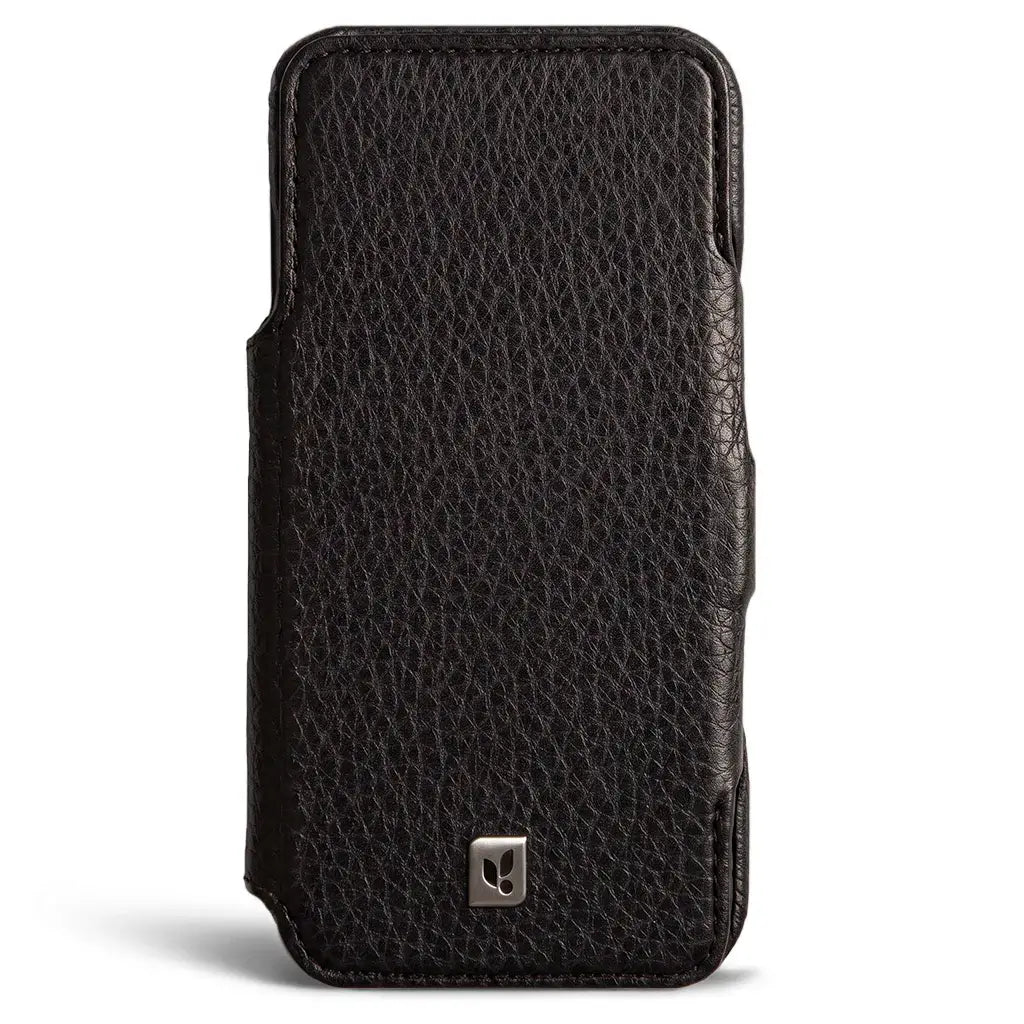 Folio iPhone 18 Pro Max Leather Case in Floater Black, front view with the leather flap closed