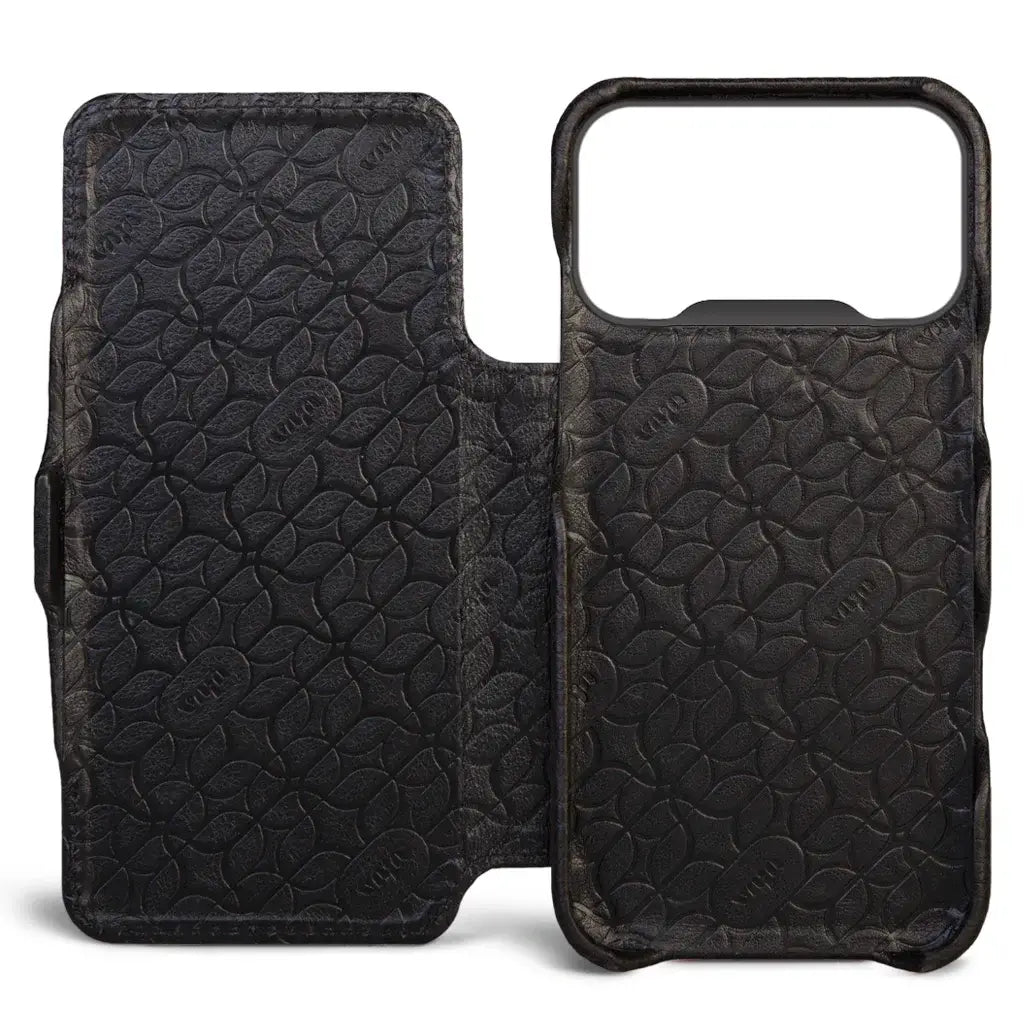 Folio iPhone 18 Pro Max Leather Case open, showing the Vaja leather interior