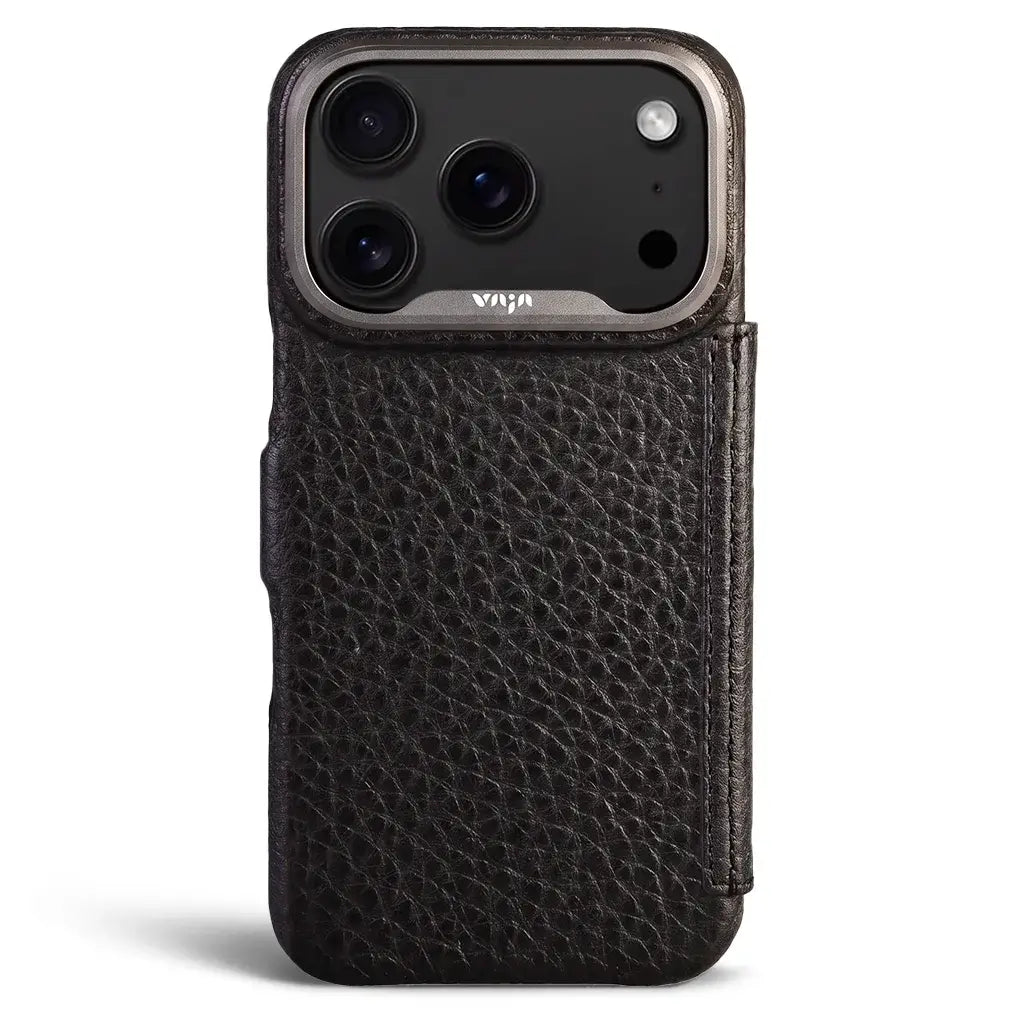 Folio iPhone 18 Pro Max Leather Case in Floater Black, back view with the aluminum camera ring