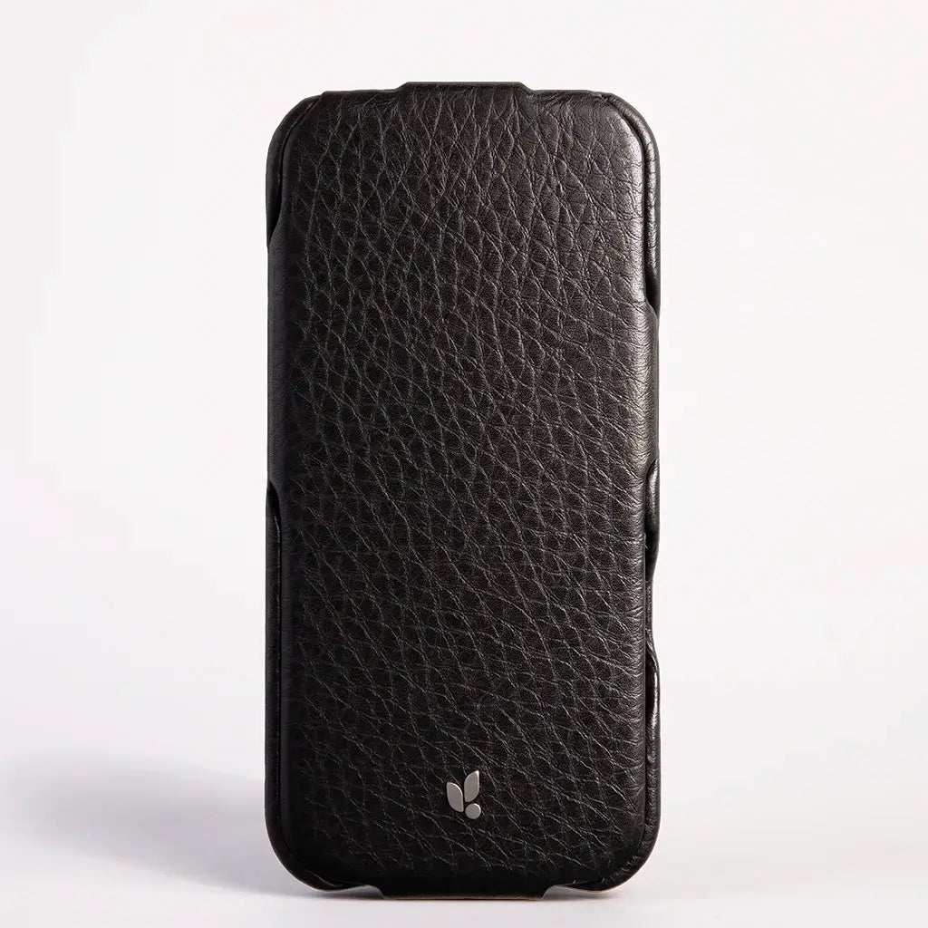 Top iPhone 18 Pro Leather Case in Floater Black, front view with the vertical leather flap closed