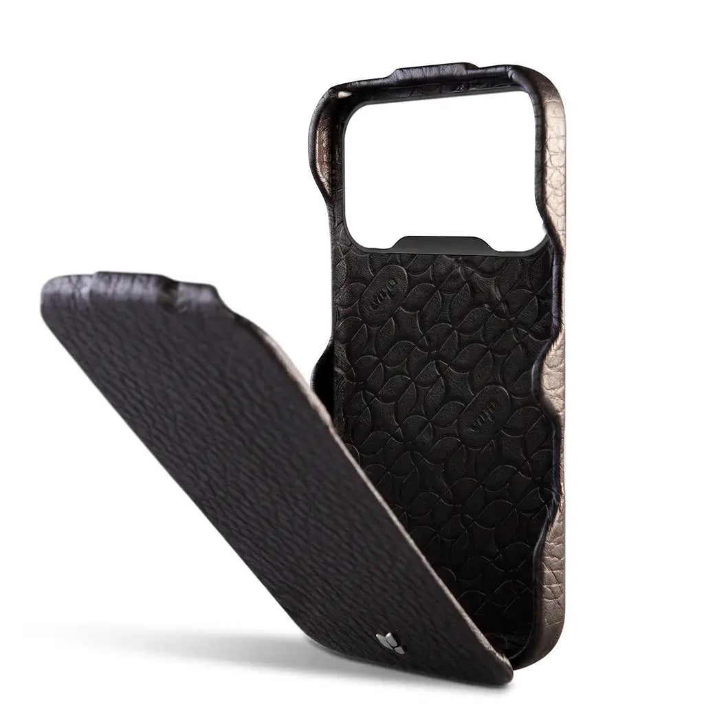 Top iPhone 18 Pro Leather Case open, showing the Vaja leather interior