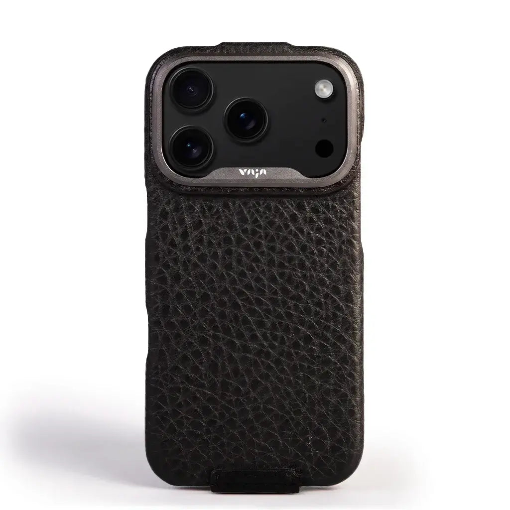 Top iPhone 18 Pro Leather Case in Floater Black, back view with the aluminum camera ring