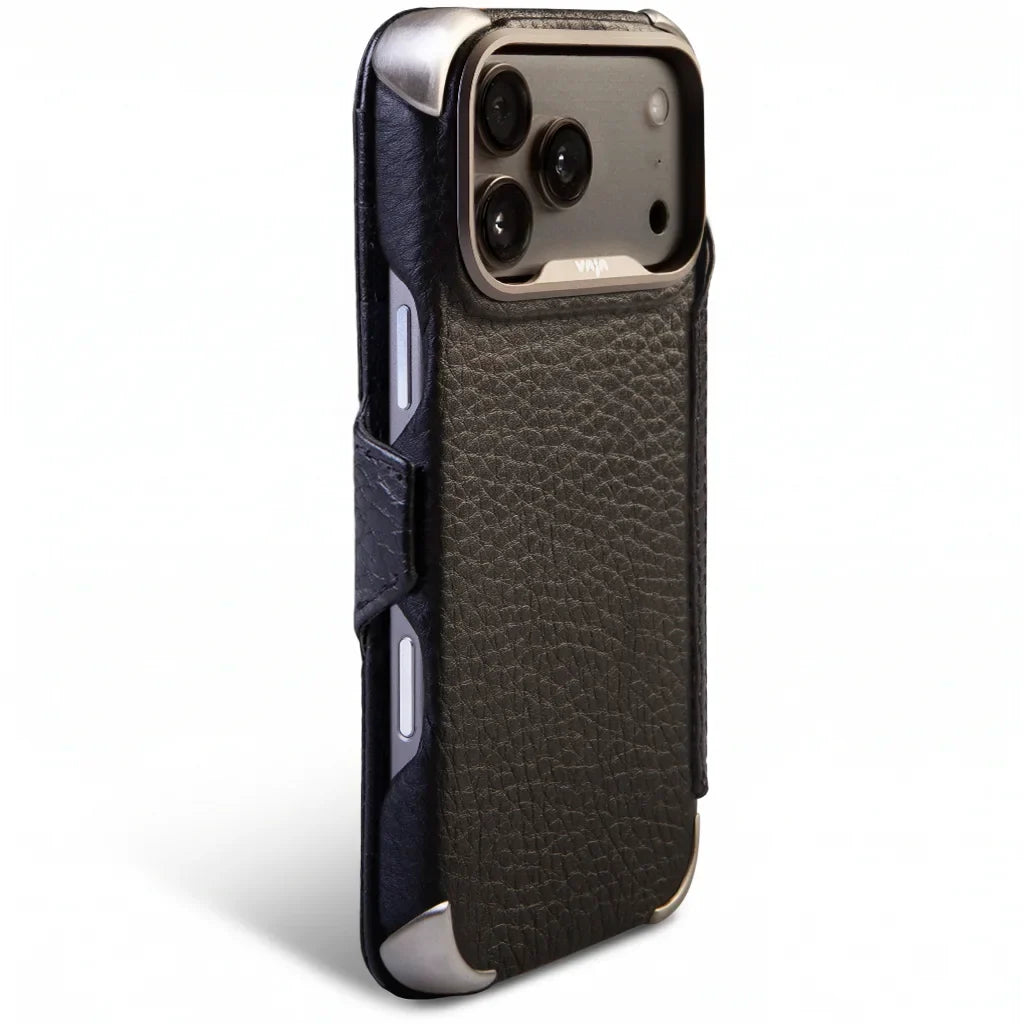iPhone 18 Pro & iPhone 18 Pro Max Buckler Wallet Leather Case with MagSafe, striped 316 stainless steel corner shields - Vaja