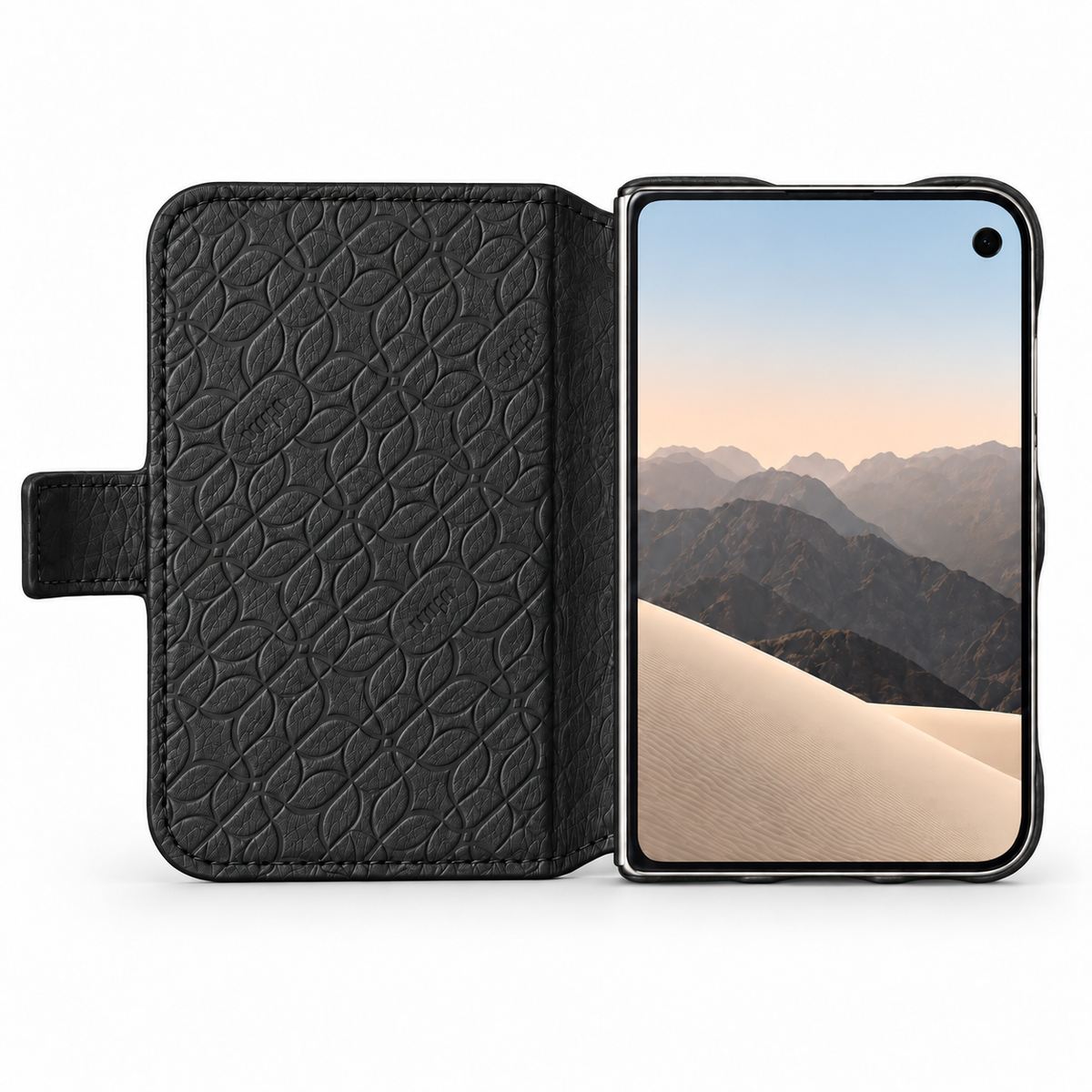 Folio iPhone Duo Leather Case in Floater Black, open - Vaja