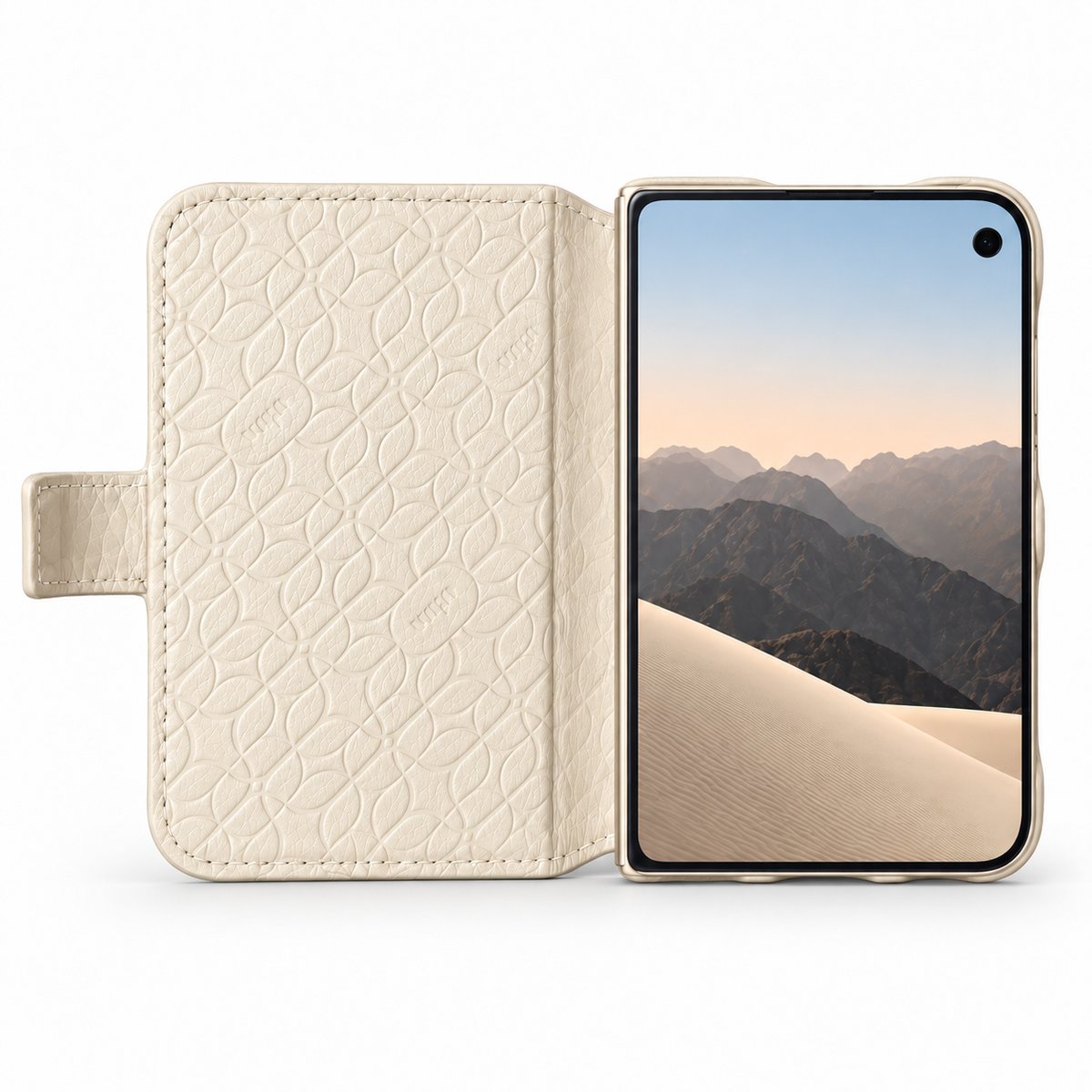 Folio iPhone Duo Leather Case in Floater Latte, open - Vaja