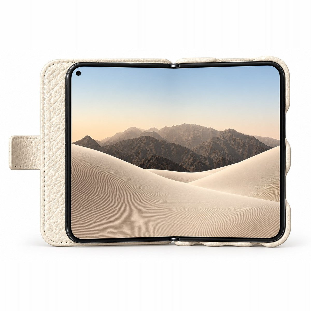 Folio iPhone Duo Leather Case in Floater Latte, unfolded to show the 7.6-inch inner display - Vaja