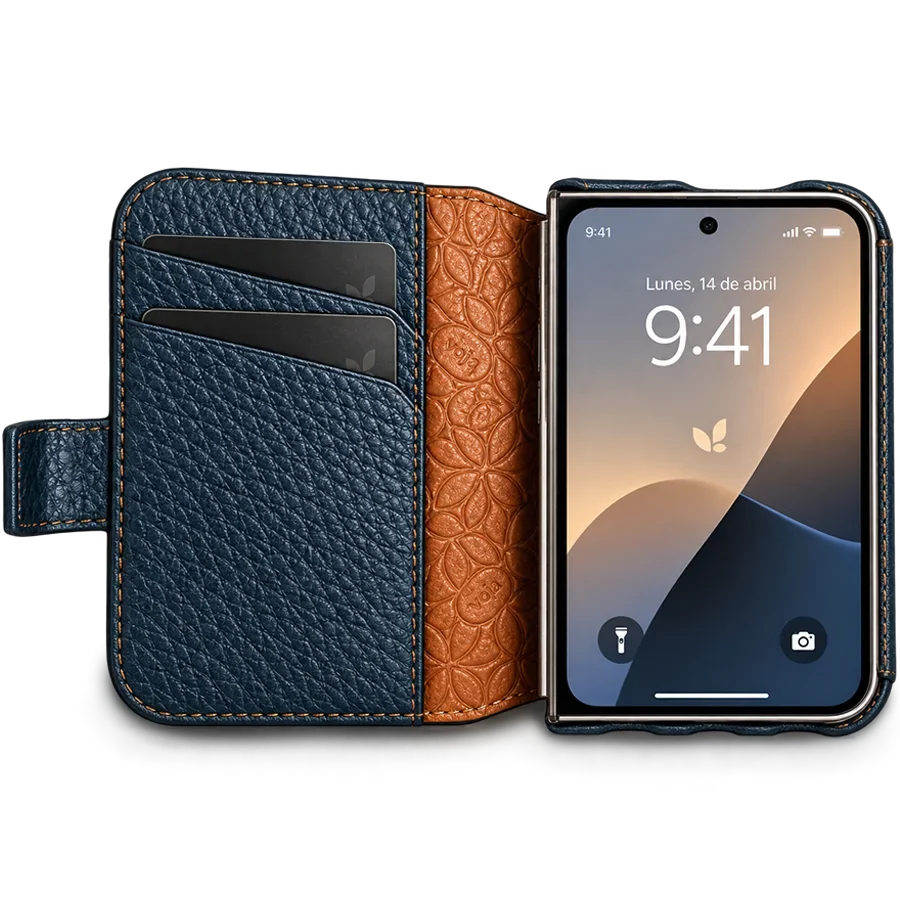 iPhone Duo Wallet Leather Case in full-grain Patagonia leather, closed, with the leather cover over the outer display and the magnetic closure tab