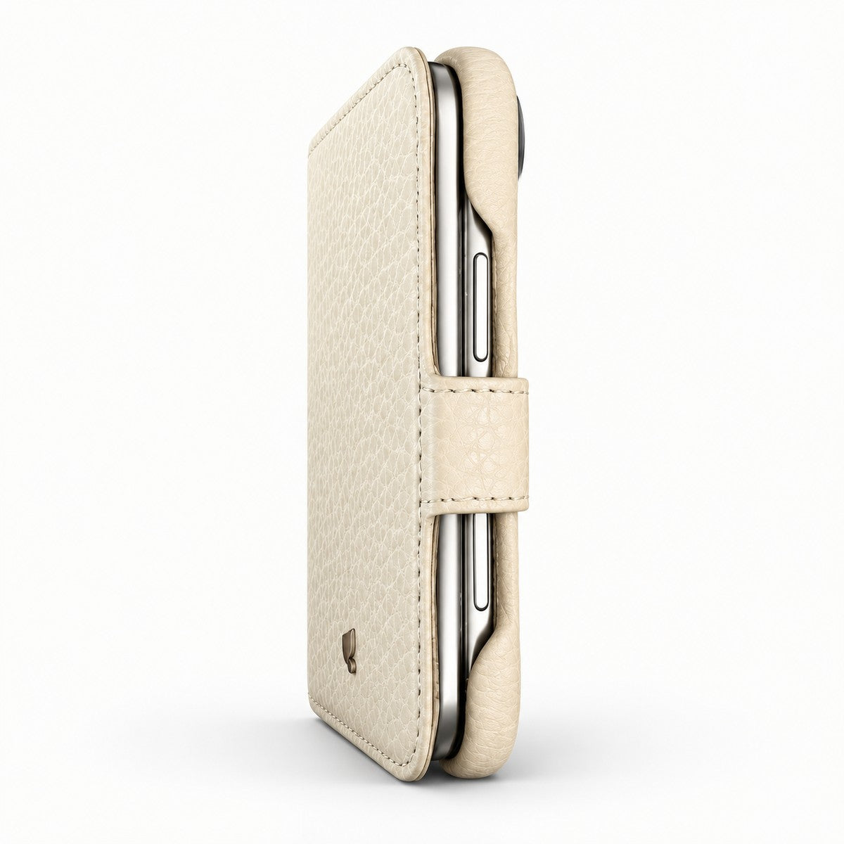 Wallet iPhone Duo Leather Case in Floater Latte, side view - Vaja
