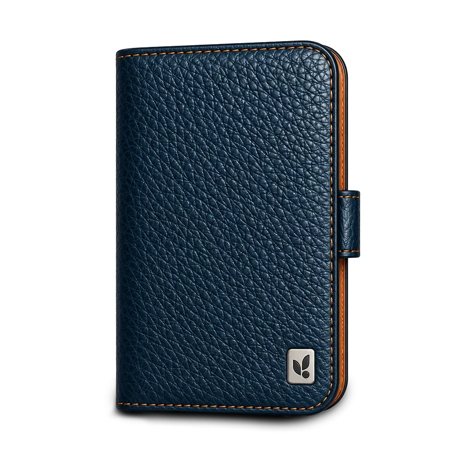 iPhone Duo Wallet Leather Case in full-grain Patagonia leather, closed, with the leather cover over the outer display and the magnetic closure tab