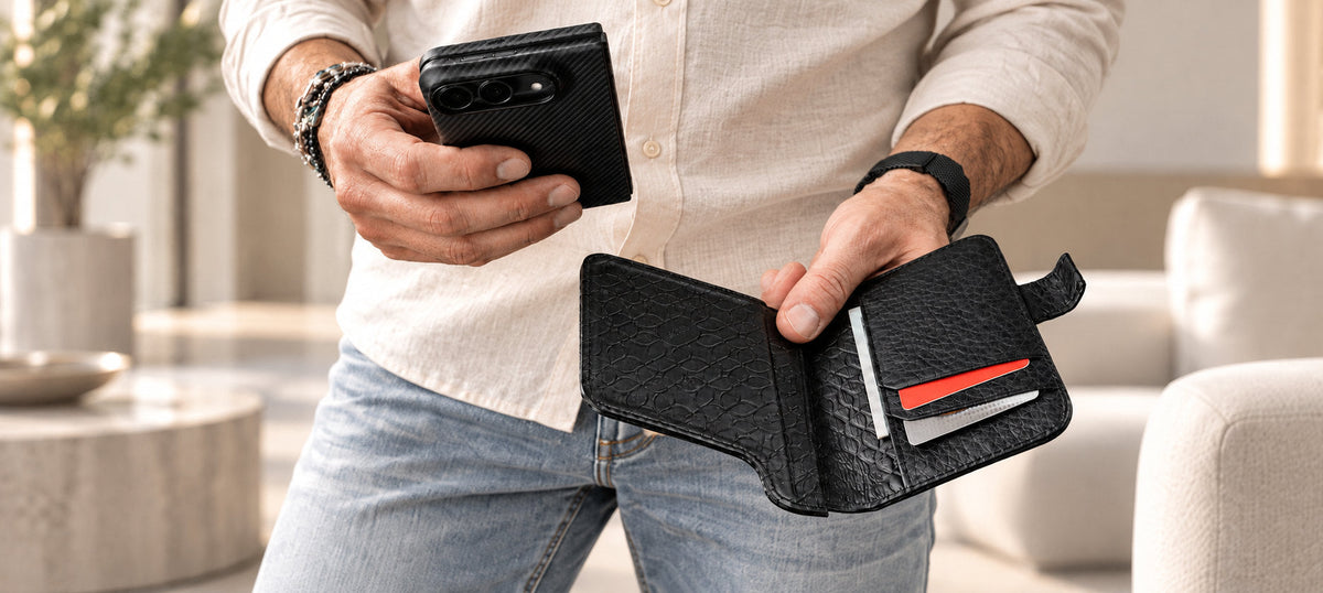 Leather Wallet Wrap with Aramid Shell for iPhone Duo: detachable leather wallet and aramid shell - Vaja