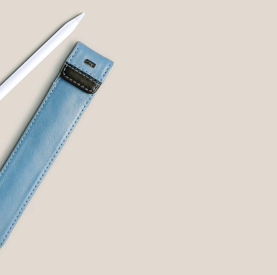 Apple Pencil in a Vaja black leather sleeve, seen from above